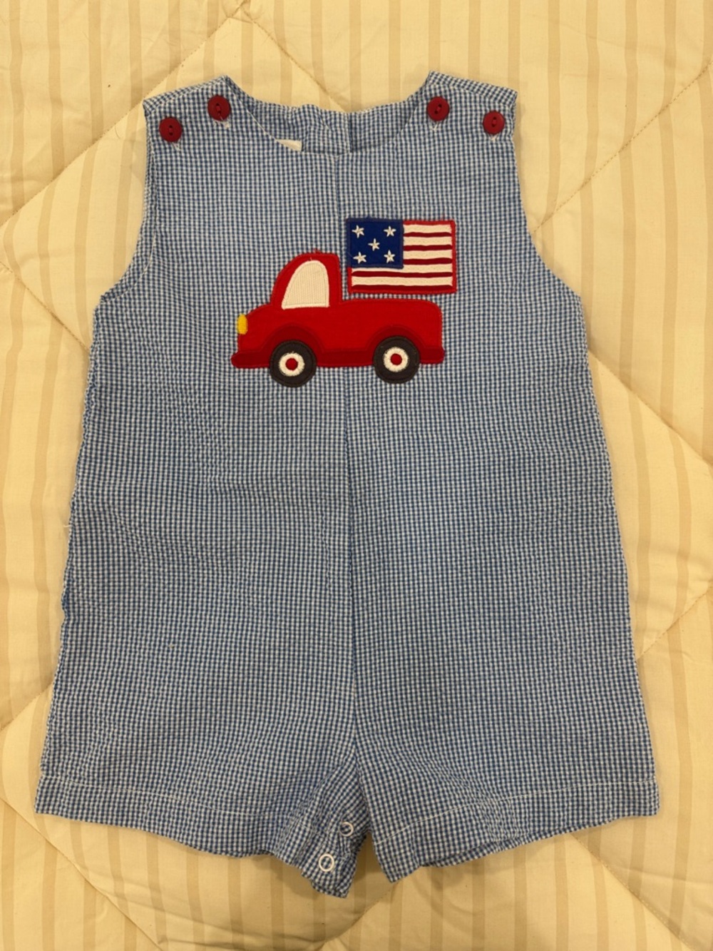 Blue Seersucker Romper with Red Truck